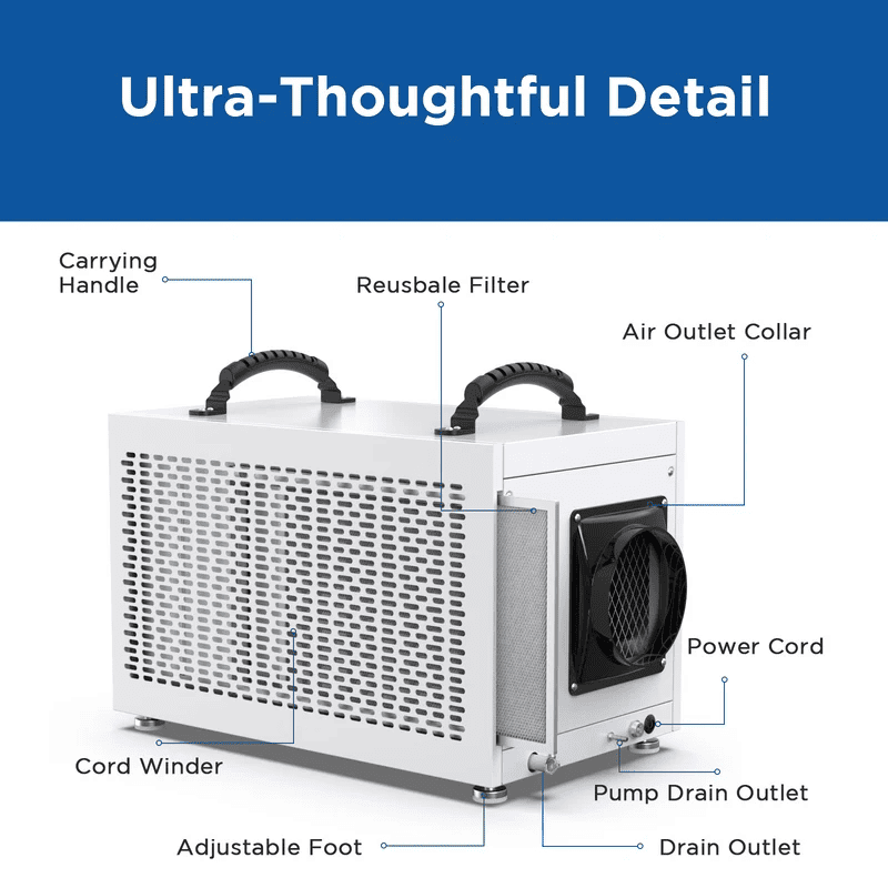 MOISWELL Defender MP70 Dehumidifier filter and drain outlets