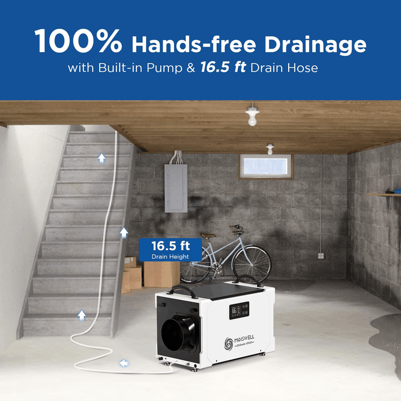MOISWELL Defender XP235 Dehumidifier with 16.5 ft pump drain