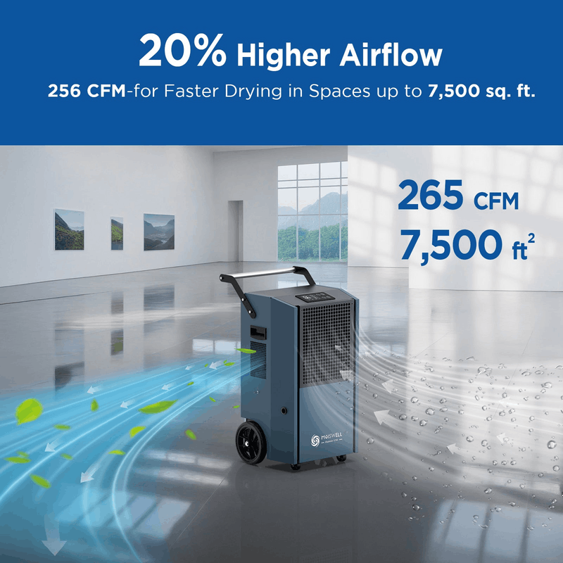 MOISWELL Explorer V190 Dehumidifier with 265 CFM airflow for faster drying in spaces up to 7,500 square feet