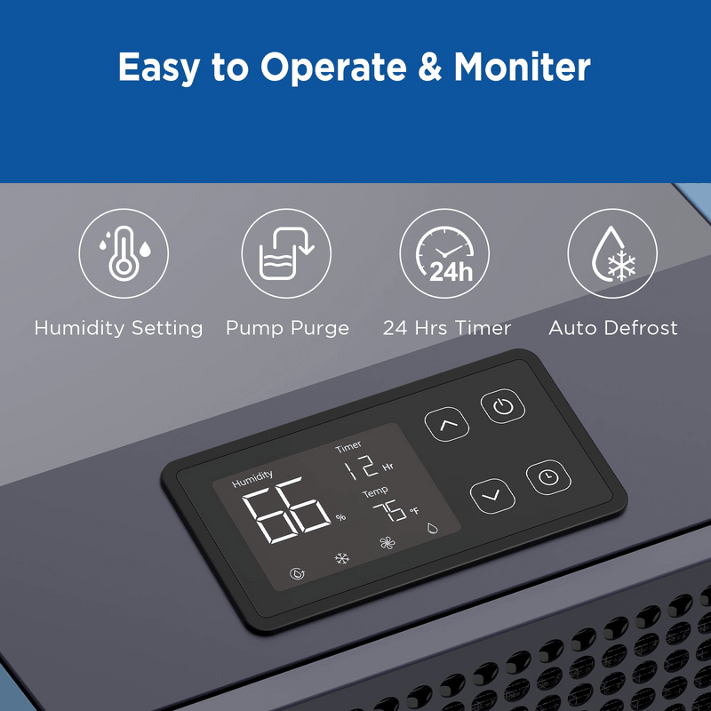 MOISWELL Explorer V190 Dehumidifier digital control panel with humidity setting, pump purge, timer and auto defrost