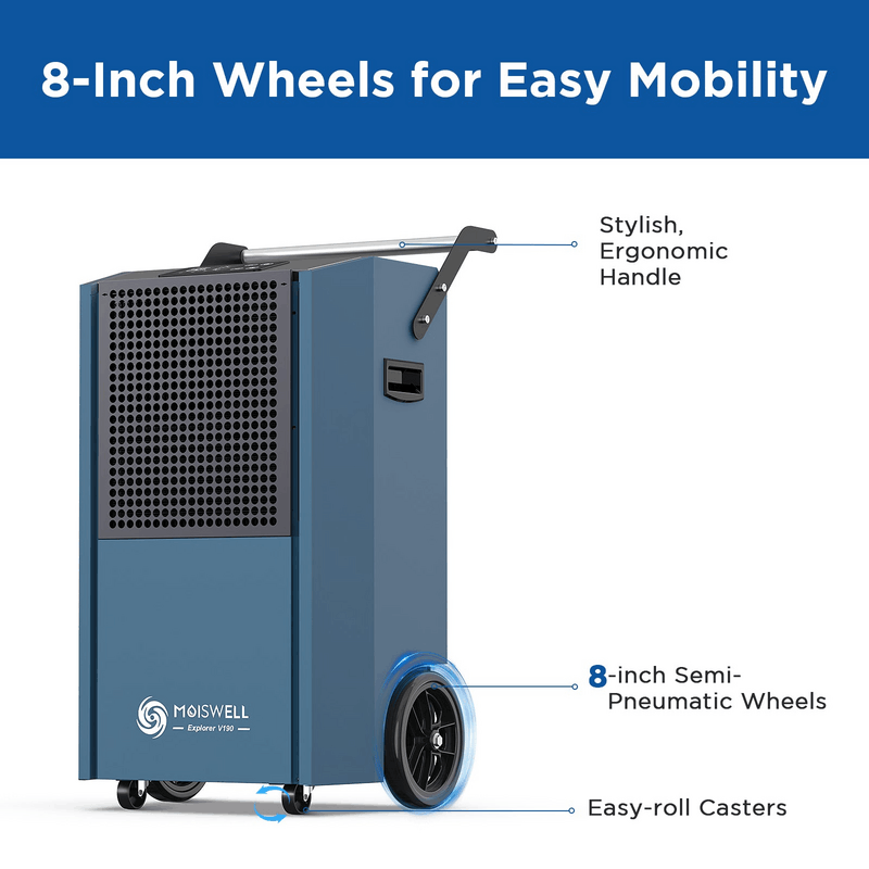 MOISWELL Explorer V190 Dehumidifier with ergonomic handle, 8 inch semi-pneumatic wheels and easy-roll casters