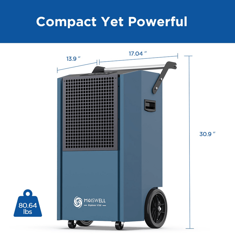 MOISWELL Explorer V190 Commercial Dehumidifier measuring 30.9 inches high with compact wheeled design