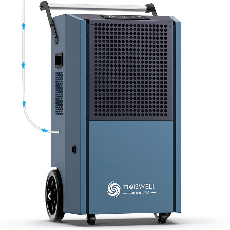 MOISWELL Explorer V190 190 Pint Commercial Dehumidifier front view with wheels, handle and drain connection