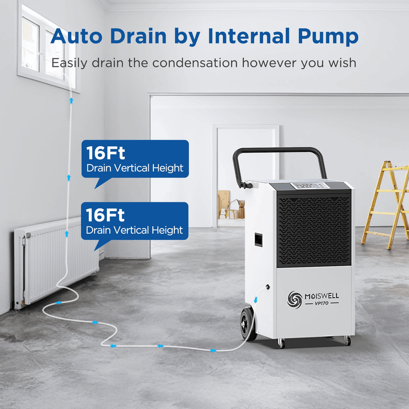 MOISWELL Explorer VP170 Dehumidifier with 16 ft pump drain