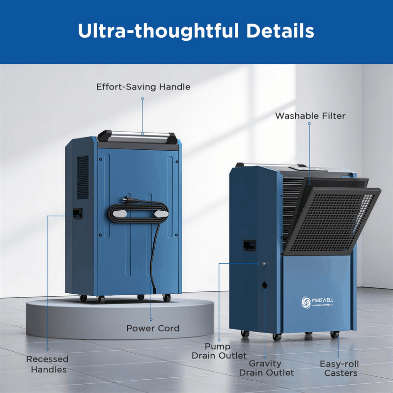 MOISWELL Explorer VP320 Dehumidifier with washable filter and drains