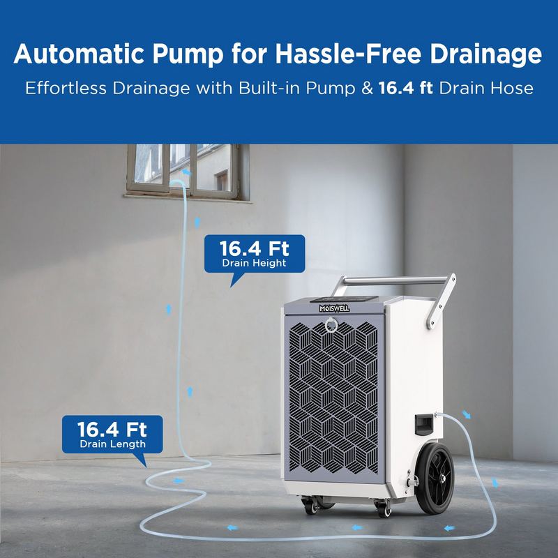 MOISWELL Pioneer XI 160 Pint Dehumidifier with built-in condensate pump and 16.4 foot drain hose