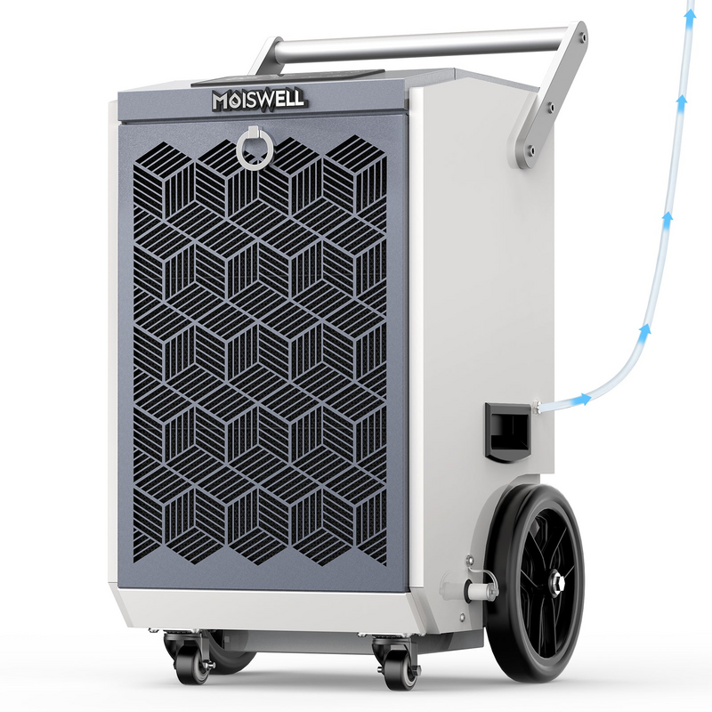 MOISWELL Pioneer XI 160 Pint Commercial Dehumidifier front view with drainage connection and transport wheels