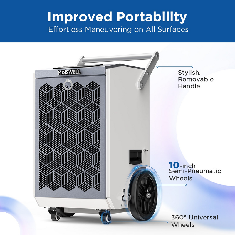 MOISWELL Pioneer XI Dehumidifier with removable handle, 10 inch semi-pneumatic wheels and 360 degree caster wheels