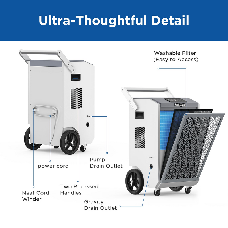 MOISWELL Pioneer XII Dehumidifier with washable filter and drains