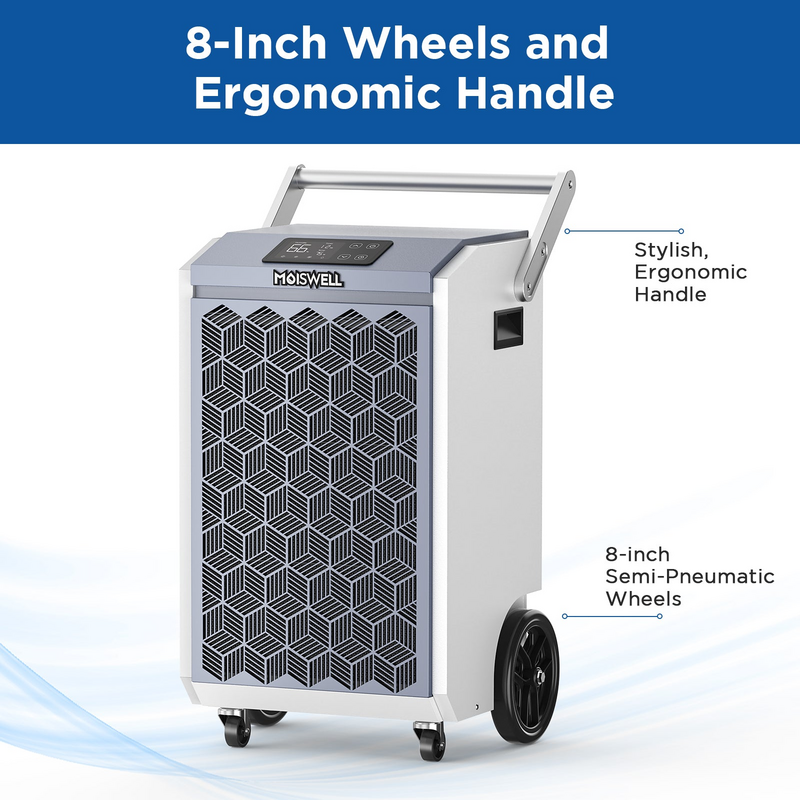 MOISWELL Pioneer XII Dehumidifier with 8 inch wheels and handle