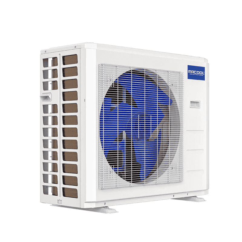 MRCOOL Hyper Heat 18000 BTU outdoor compressor unit side perspective cold weather heating