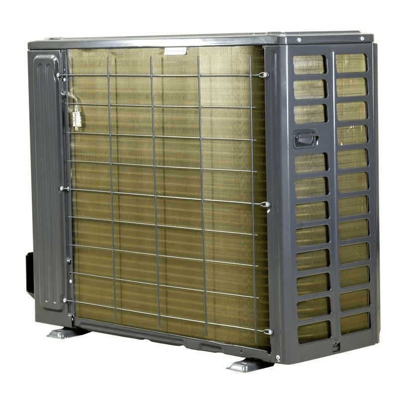 The back of the ACiQ 1.5 Ton R454B heat pump condenser unit.