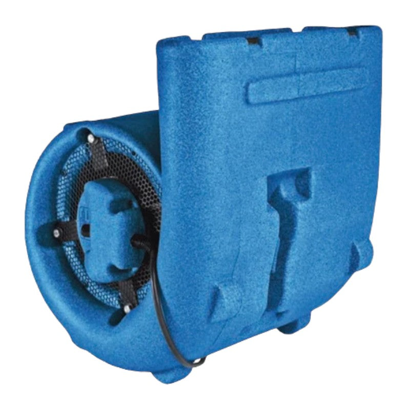 Portable Sandia Gen-Air 3-Speed Air Mover in blue, showing its stackable design for easy storage and transportation